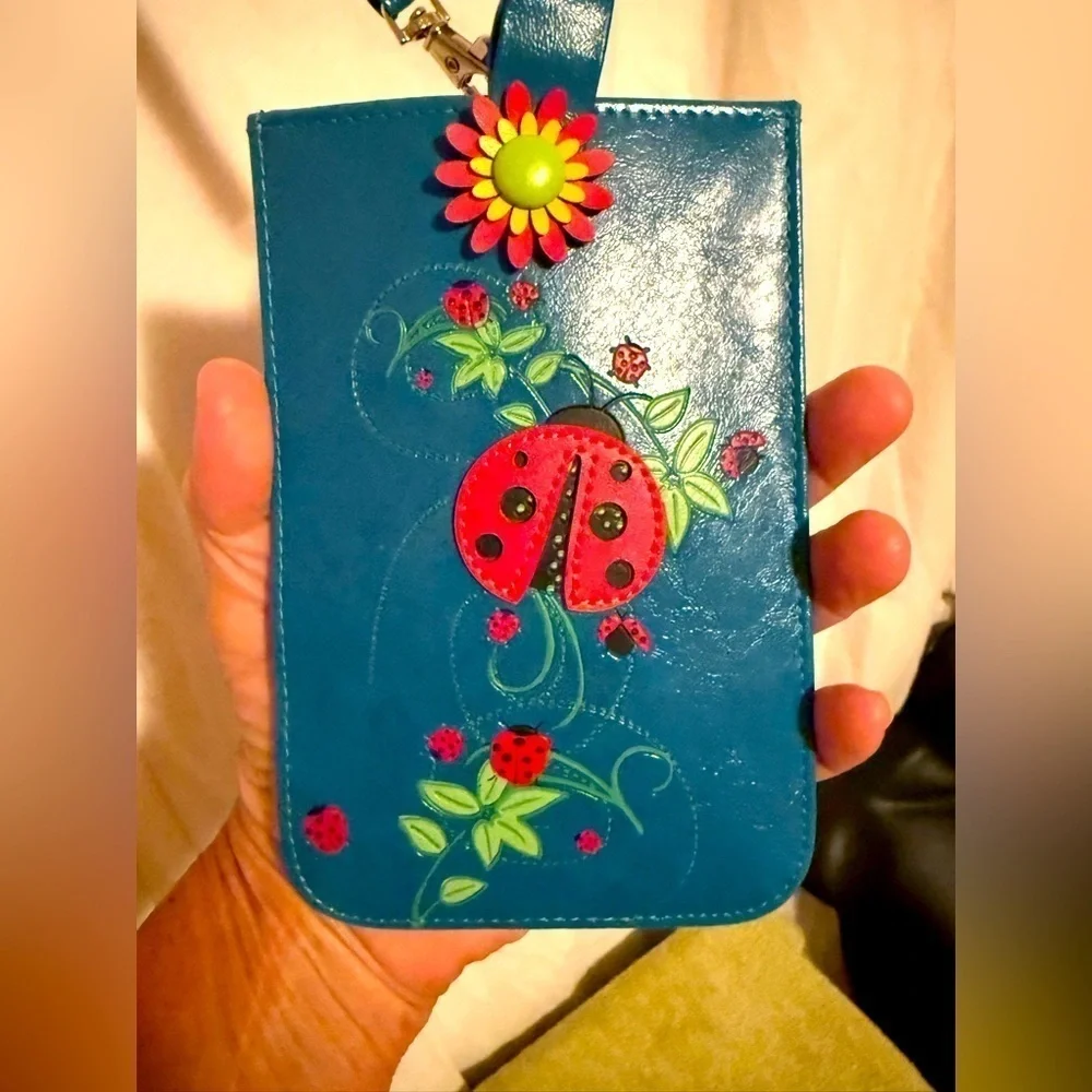 Adorable Turquoise Floral Ladybug Phone And Eyeglass Case W/ Strap 6.25 x 4.25